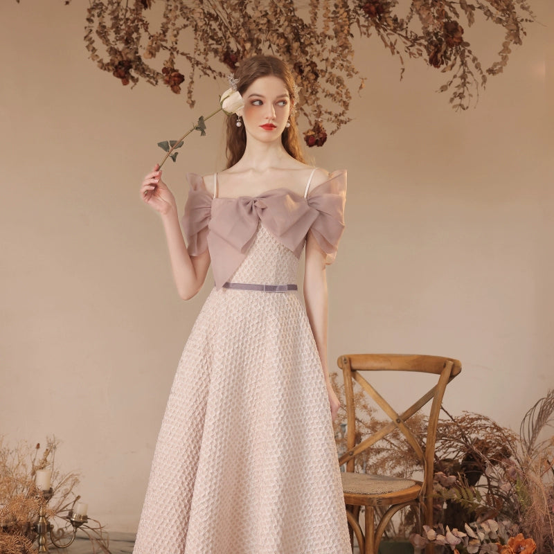 champagne bow embellished plaid maxi dress