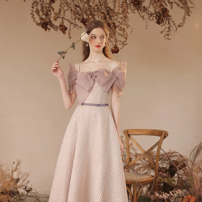 champagne bow embellished plaid maxi dress