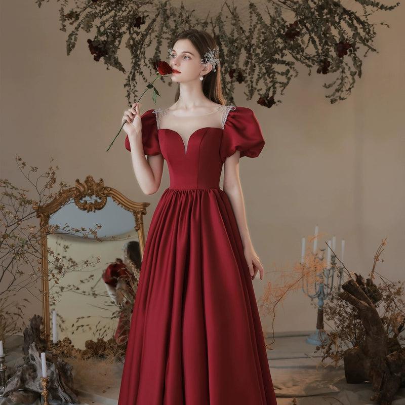 Red puff sleeve satin maxi dress