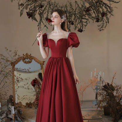 Red puff sleeve satin maxi dress