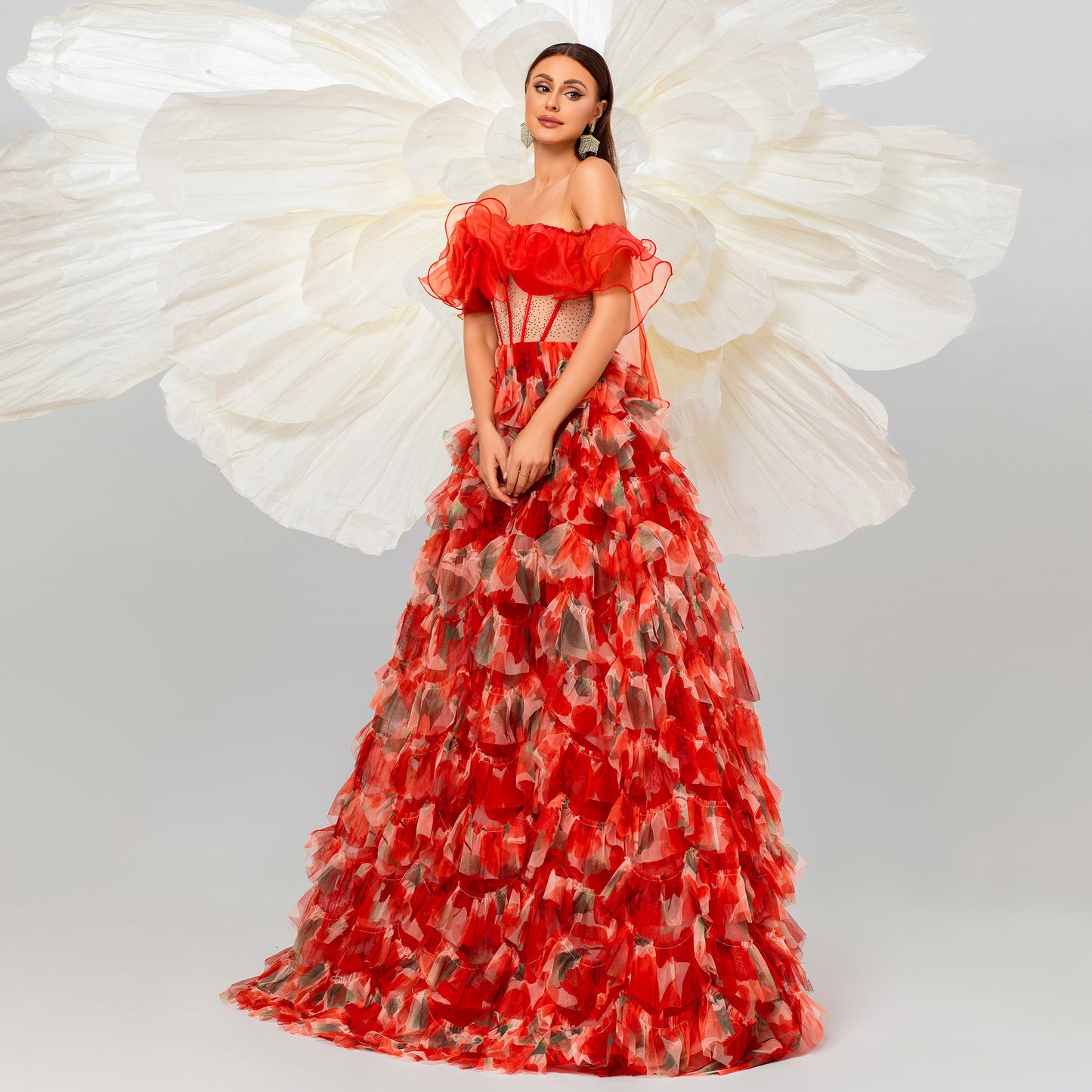 off shoulder flower tulle layer trim maxi dress in red