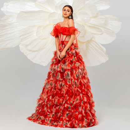 off shoulder flower tulle layer trim maxi dress in red