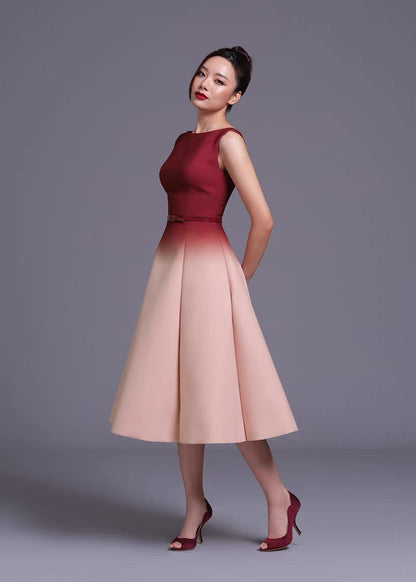 Red pink gradient Sleeveless midi dress