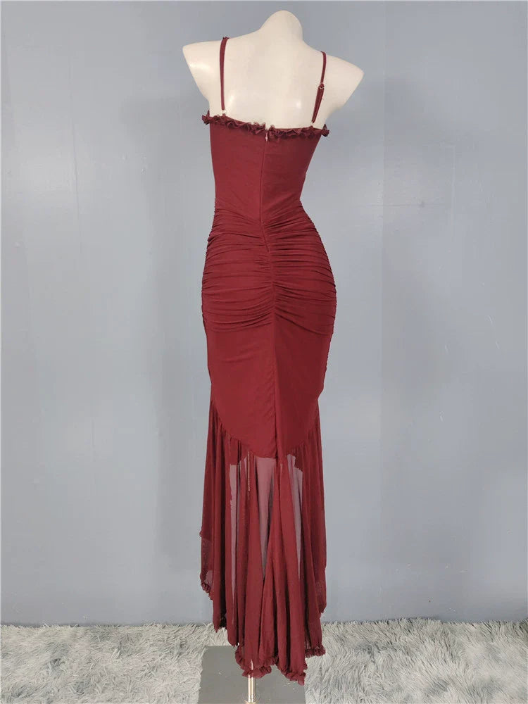 Burgundy mesh ruffle waist maxi dress