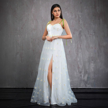 floral embroidery high slit tulle maxi dress in white