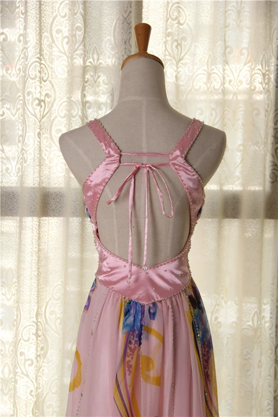Pink printed open back long beaded maxi dress