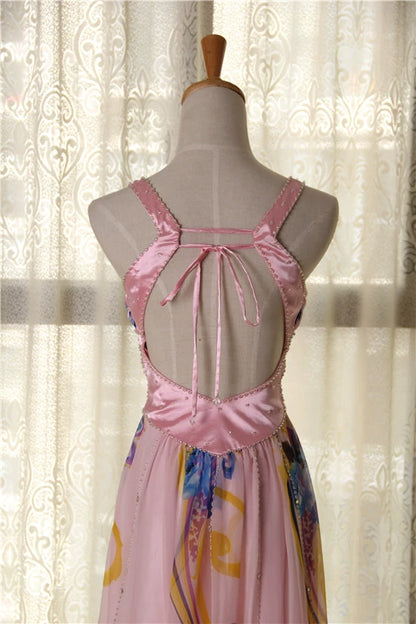 Pink printed open back long beaded maxi dress