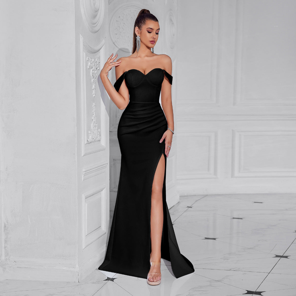 claire high slit backless bodycon maxi dress in white