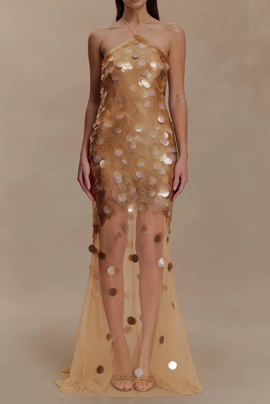 Alva Abito lungo con schiena scoperta decorato con paillettes - Oro