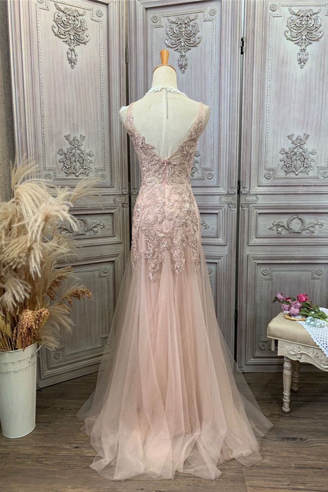 Apricot-colored organza embroidered double-shoulder long evening dress