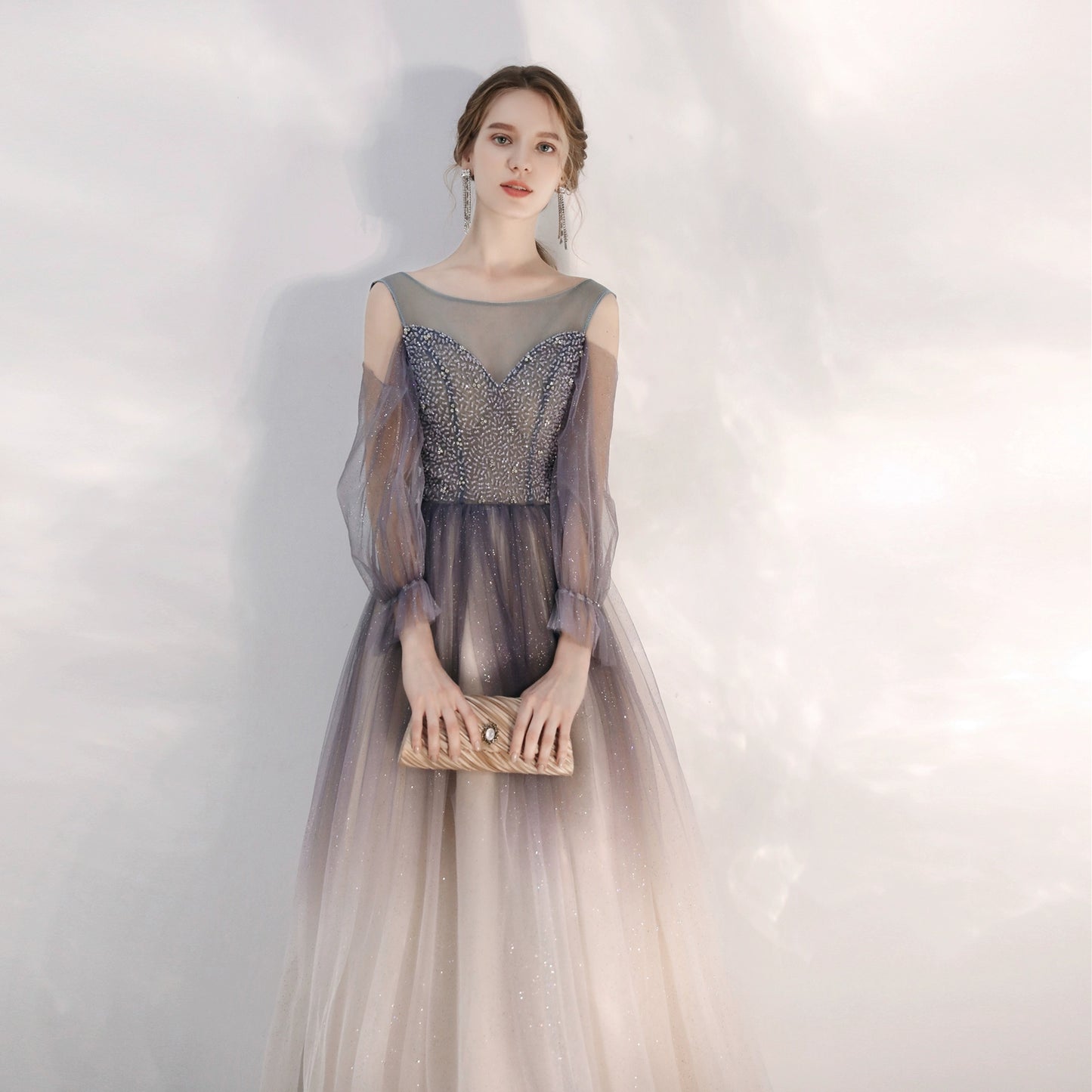 gradient purple sequin detail tulle maxi dress