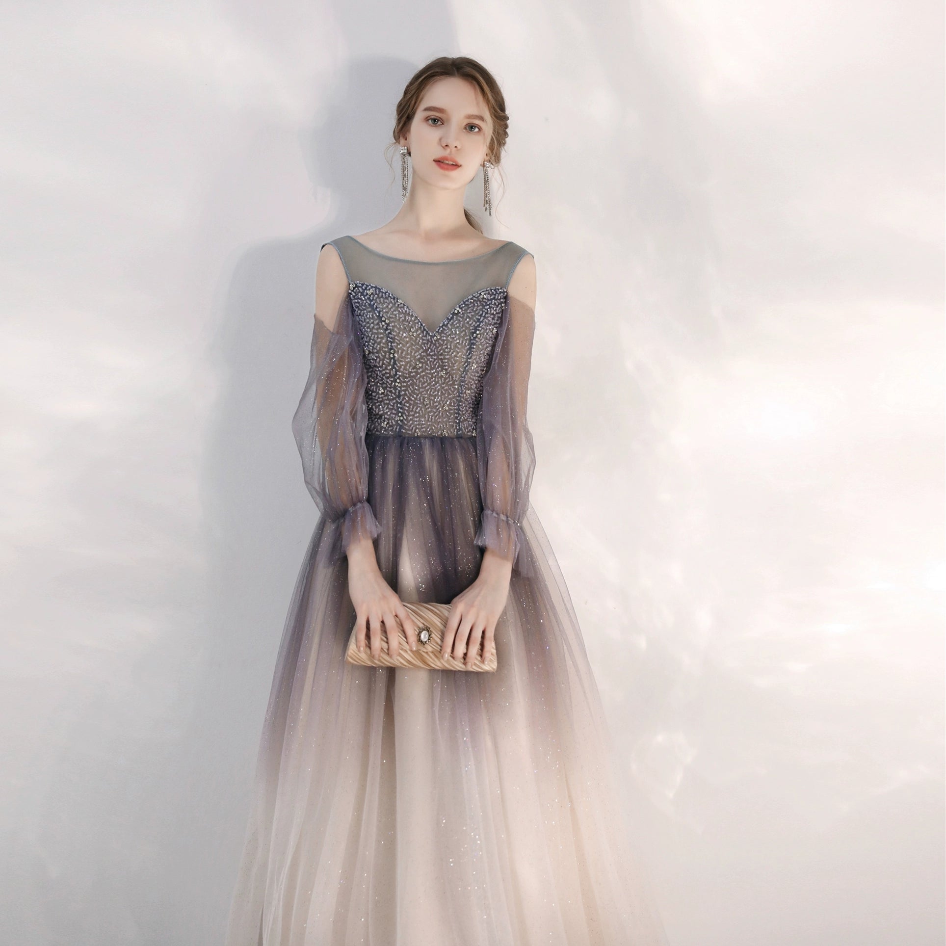 gradient purple sequin detail tulle maxi dress