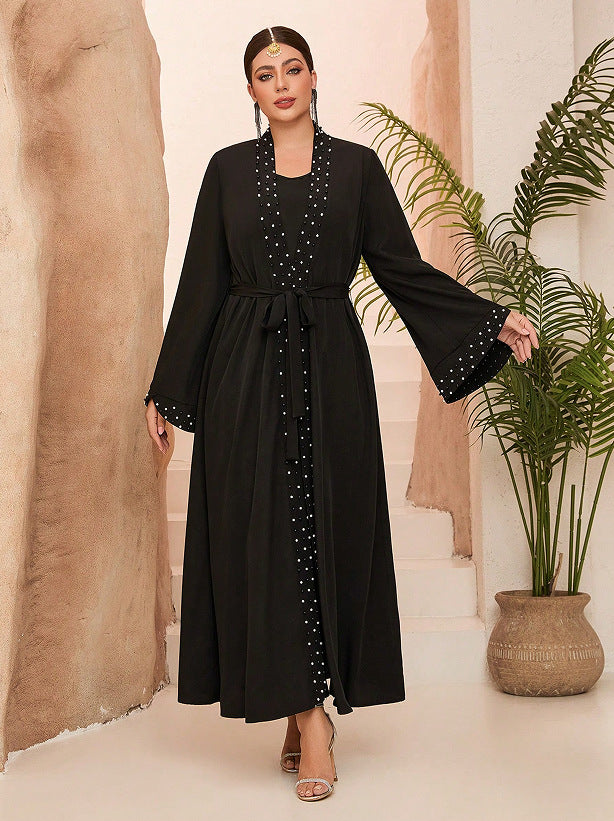 arab beading belt embroidery maxi dress in black