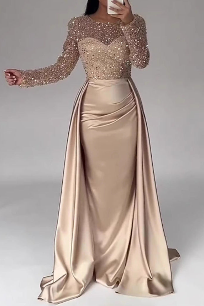 Satin Rose Gold Fishtail maxi dress in gold