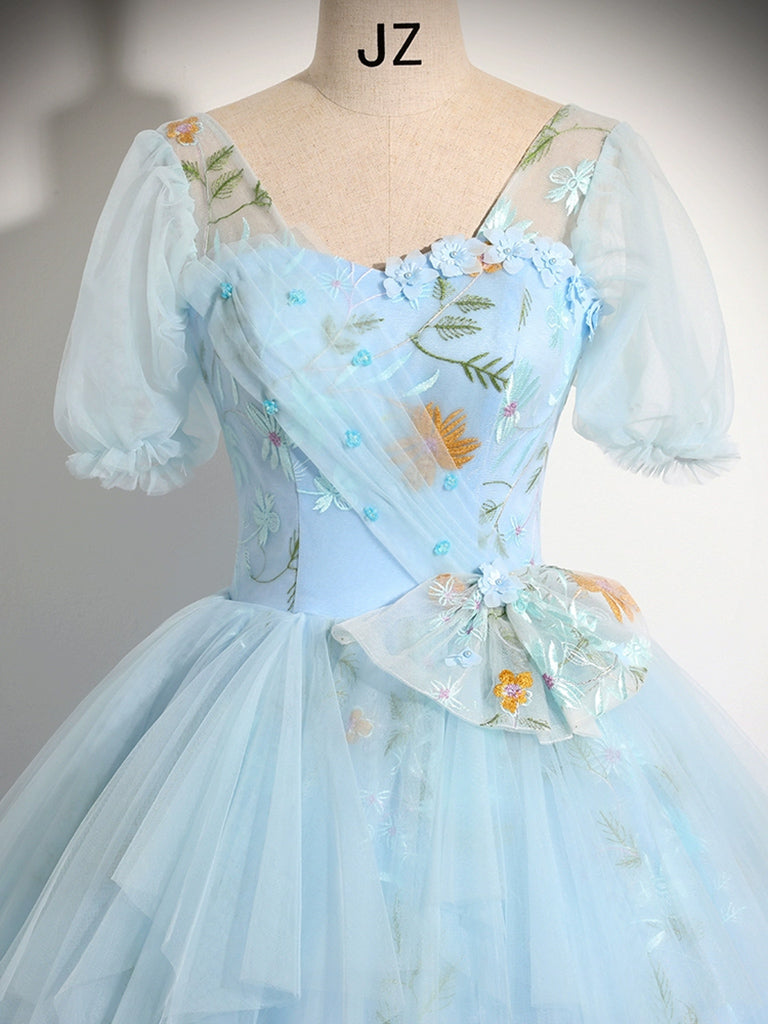 V Neck Tulle Lace Blue Prom Dress