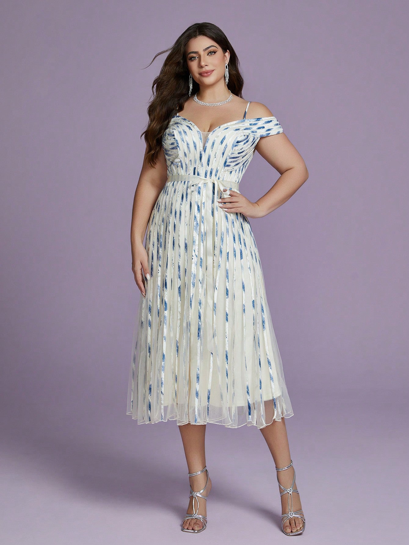 sequin stripe embellished midi dress in beige