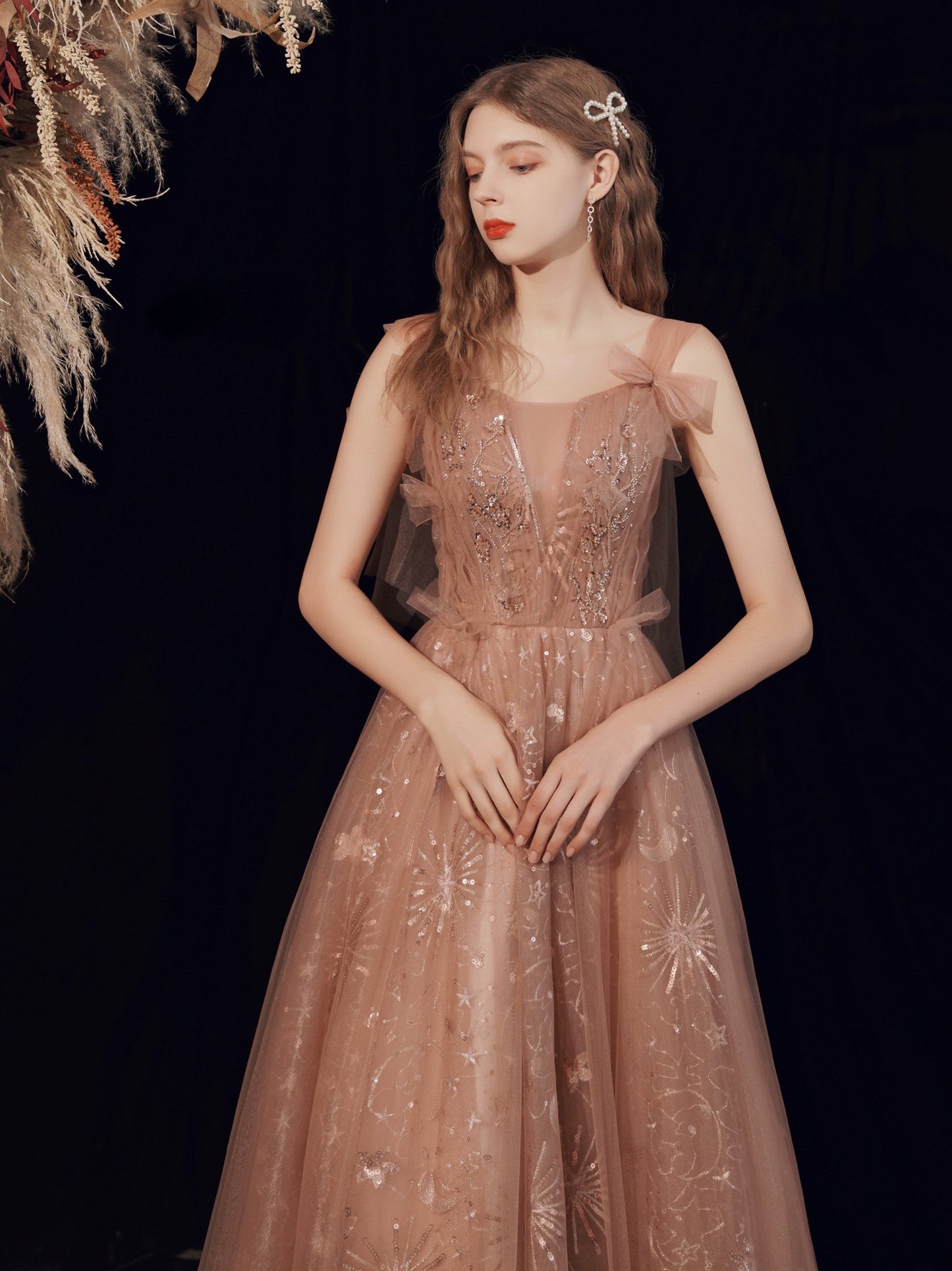 sequin embroidery maxi dress in pink-orange