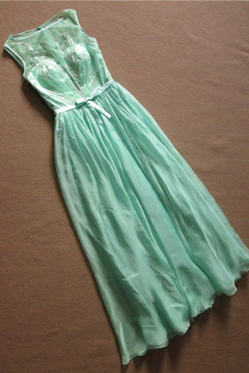 Green chiffon long beaded evening gown
