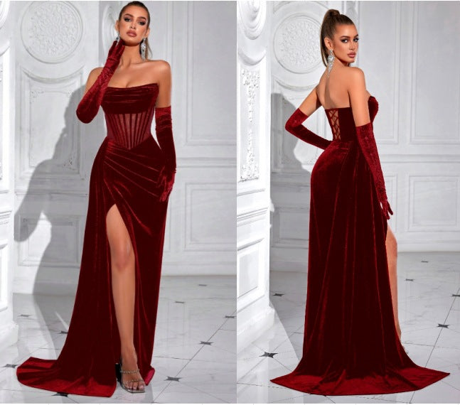 Velvet herringbone strapless evening maxi dress