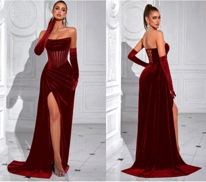 Velvet herringbone strapless evening maxi dress