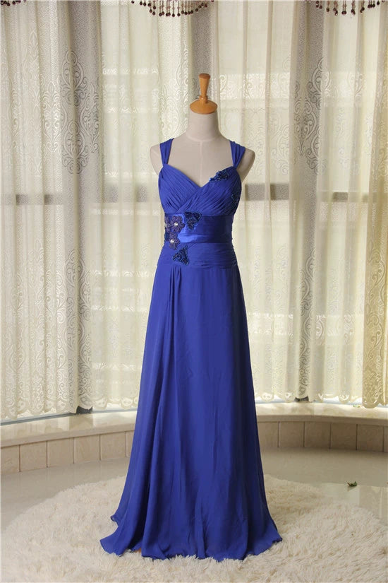 Blue chiffon long double shoulder dress
