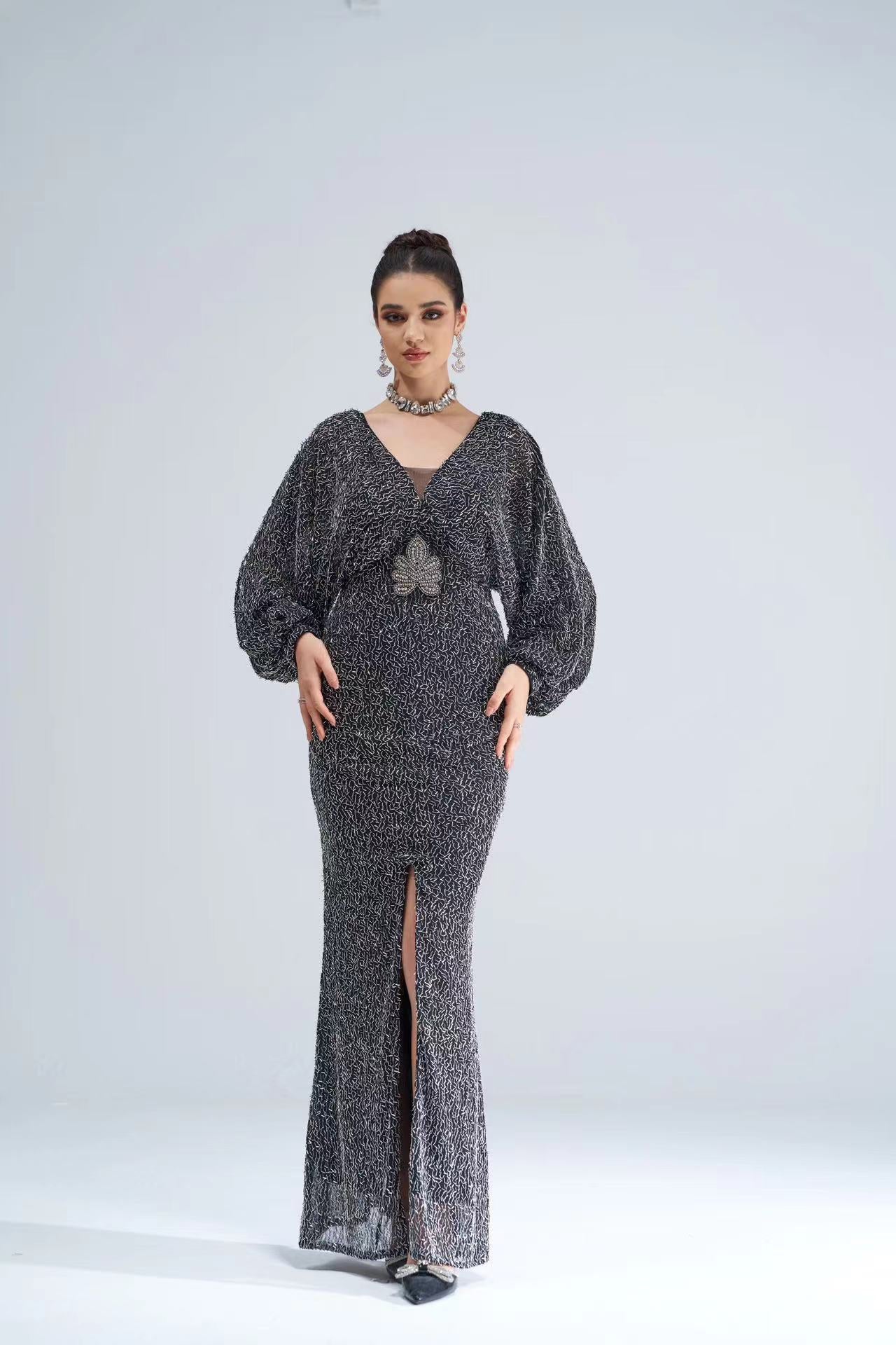v neck puff sleeve high slit bodycon maxi dress