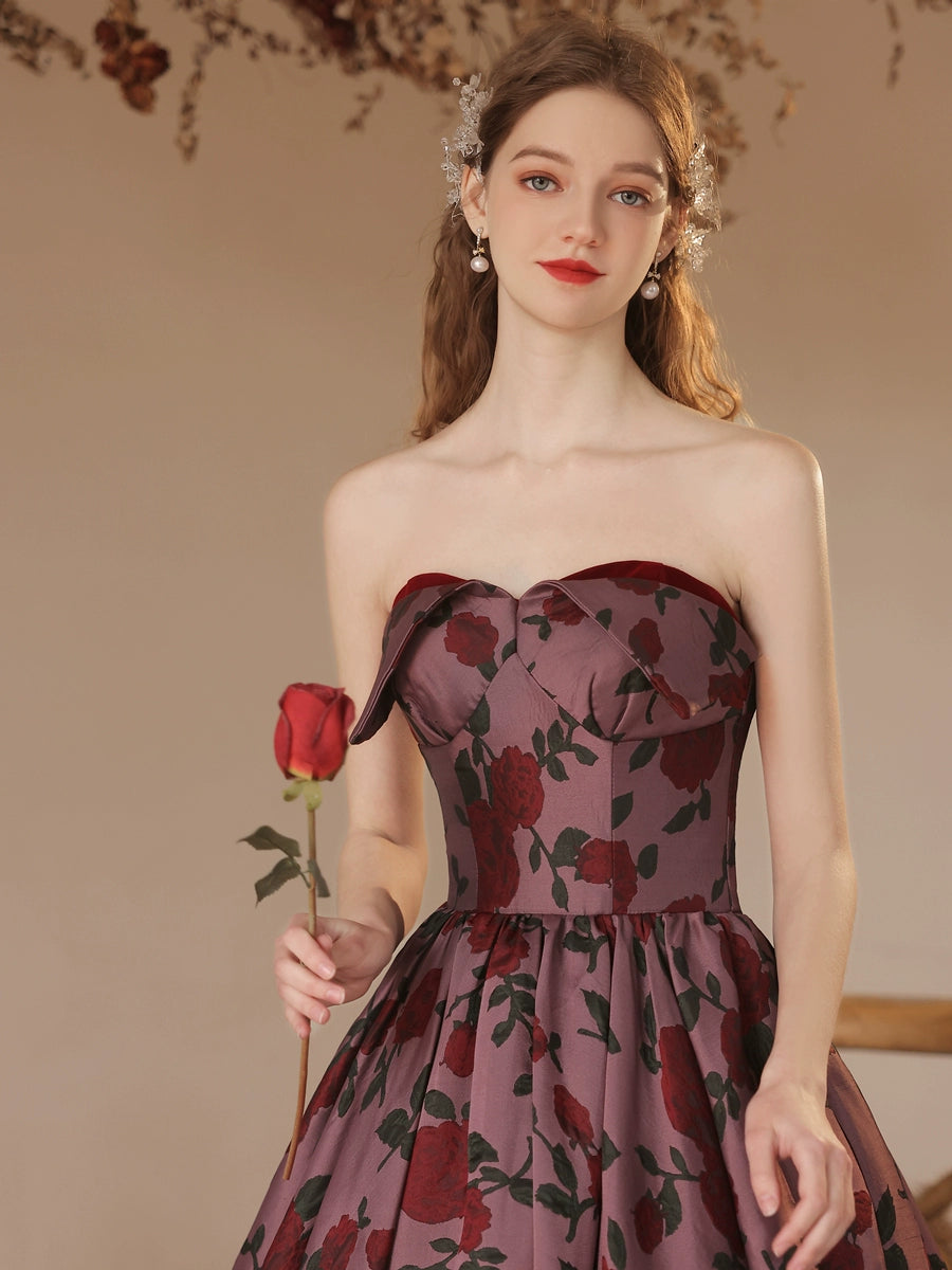 rose floral print strapless maxi dress in claret