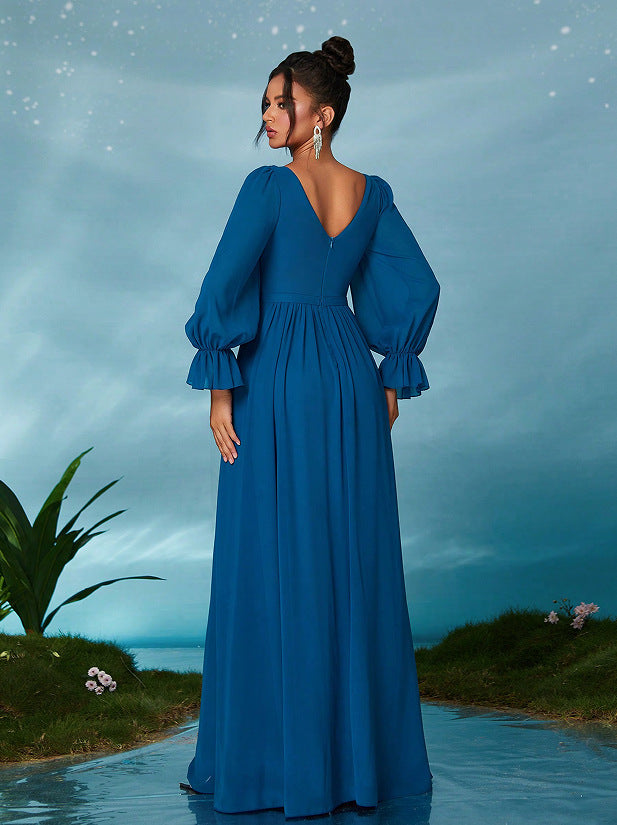 lace trim chiffon lantern sleeve maxi dress in blue