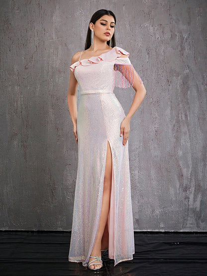 one shoulder tassel sequin high slit maxi dress in pink