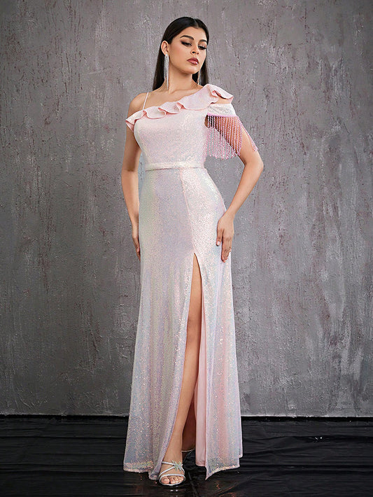 one shoulder tassel sequin high slit maxi dress in pink