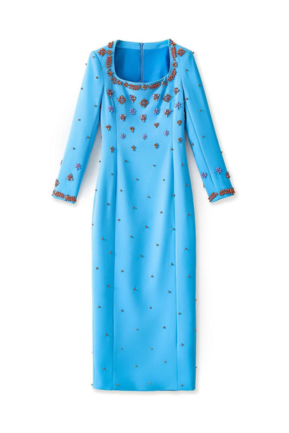 meroy square neck floral Beading Embroidery maxi dress in sky blue
