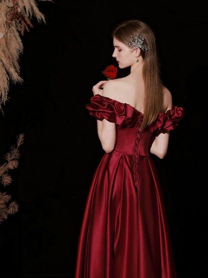 off-shoulder ruffle satin maxi dress in claret