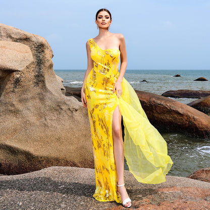 one shoulder sequin floral print side slit maxi dress in yellow