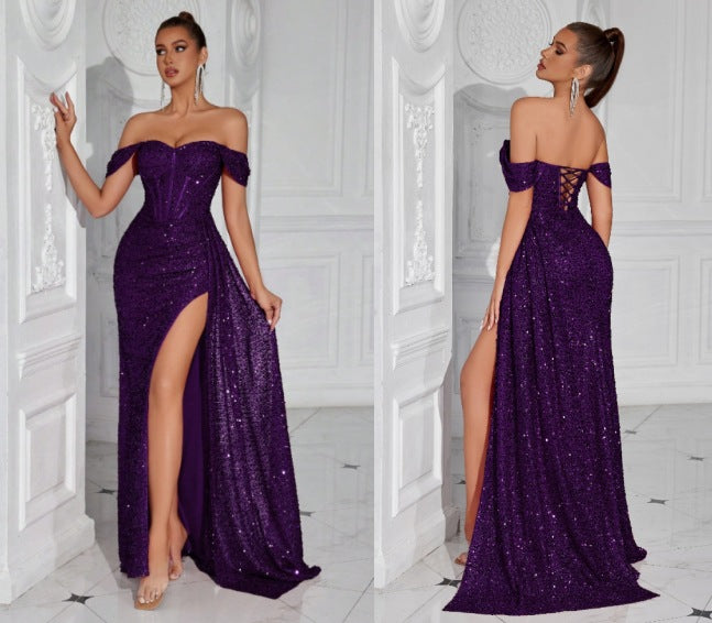 gabrielle Sequined strapless slit evening maxi dress