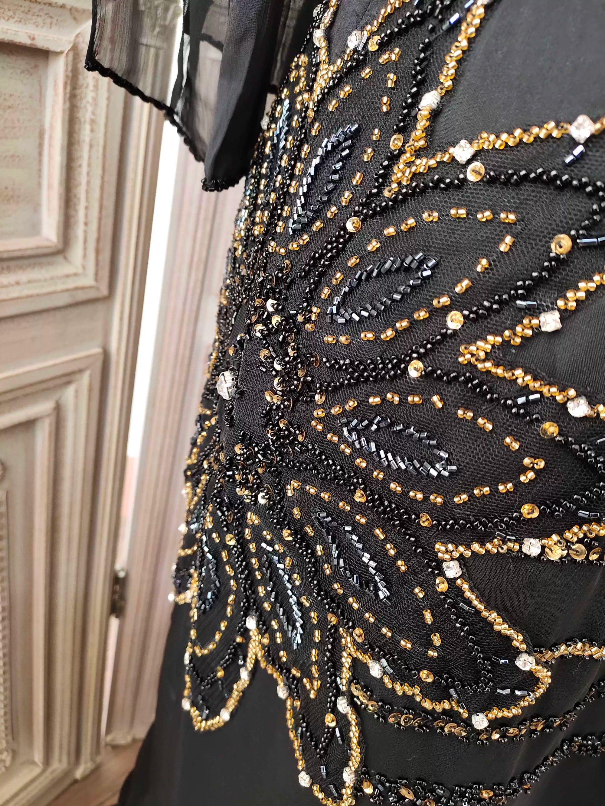 Black hand-beaded chiffon fishtail skirt