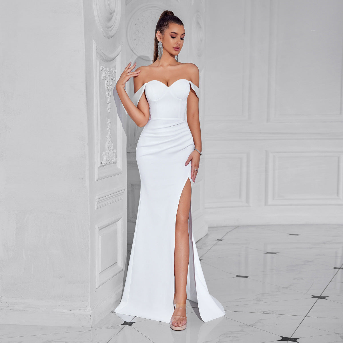 claire high slit backless bodycon maxi dress in white