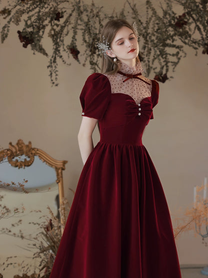 Retro puff sleeve velvet maxi dress