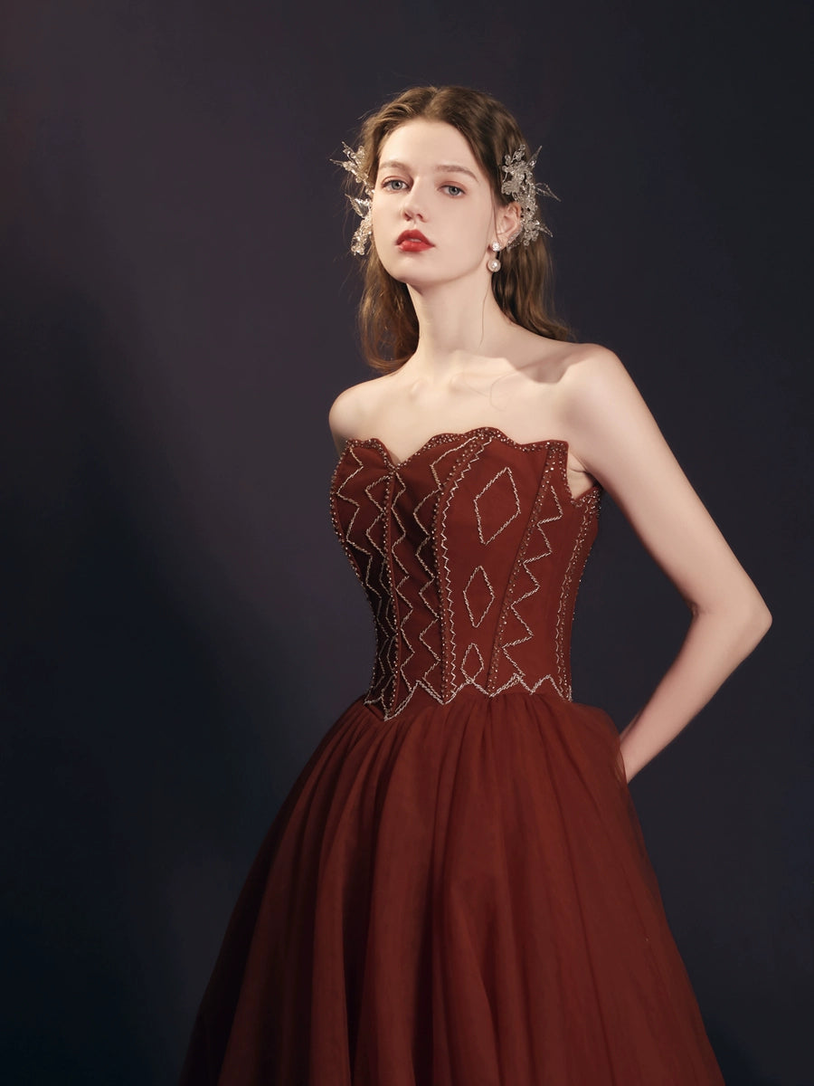 off-shoulder applique maxi dress in brick red