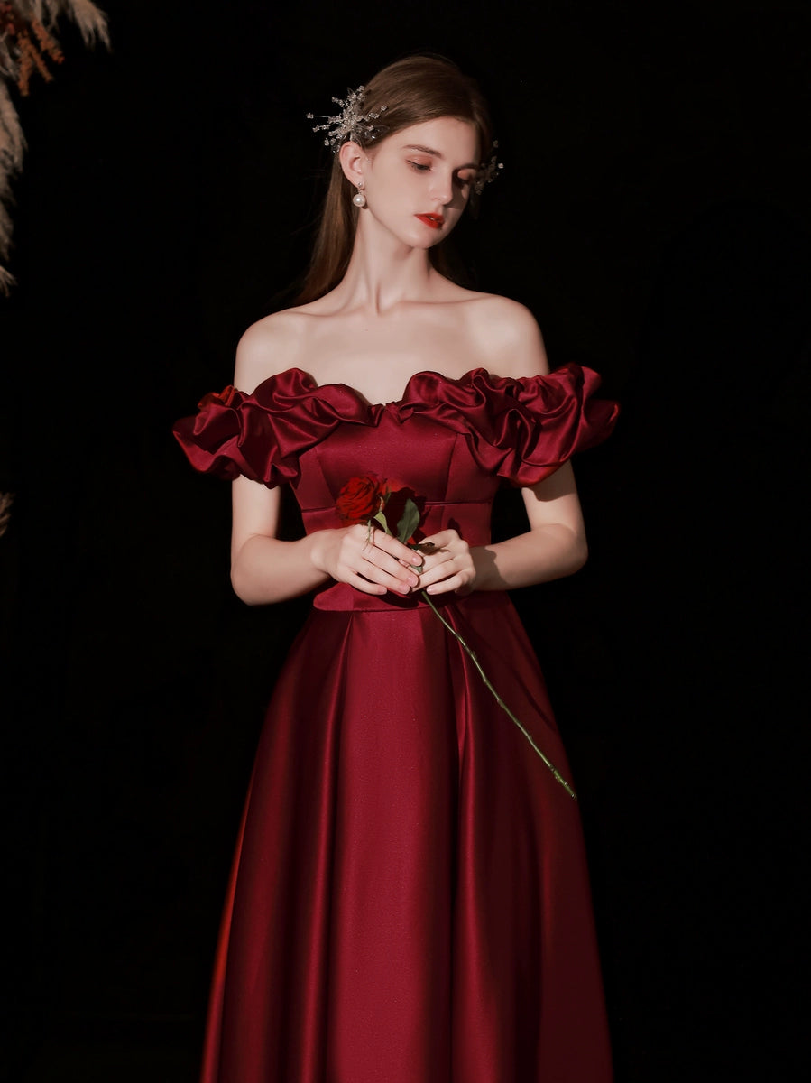 off-shoulder ruffle satin maxi dress in claret