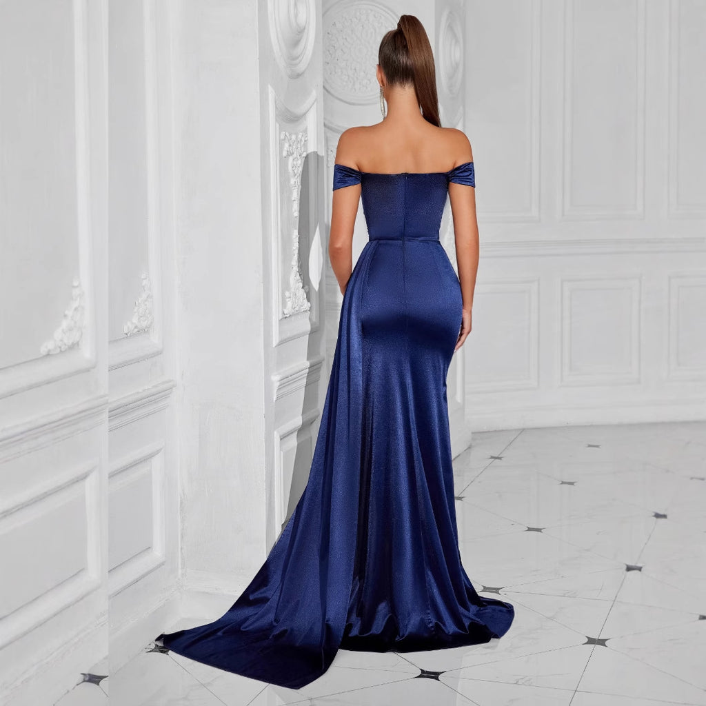 edith off shoulder satin pleated backless maxi dress