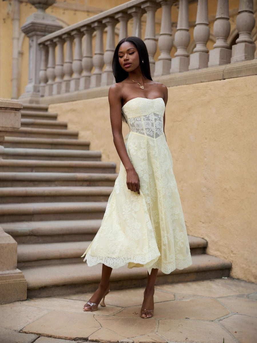 Amanda Yellow European American Style Sexy Backless Tie-Wrap Dress