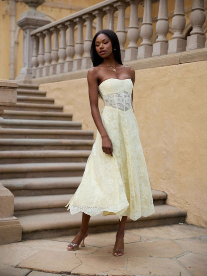 Amanda Yellow European American Style Sexy Backless Tie-Wrap Dress