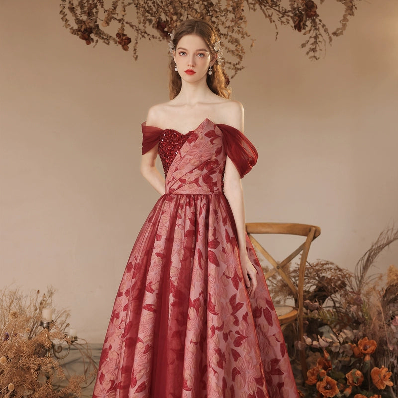 off-sholuder floral print maxi dress in wine-red