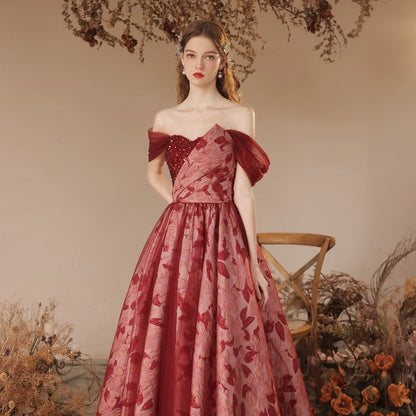 off-sholuder floral print maxi dress in wine-red