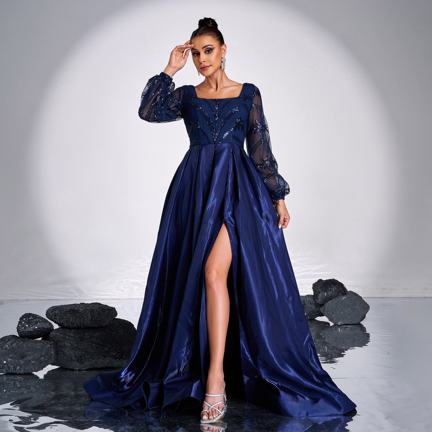 Long-sleeved square-neck sequined maxi dress