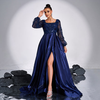 Long-sleeved square-neck sequined maxi dress