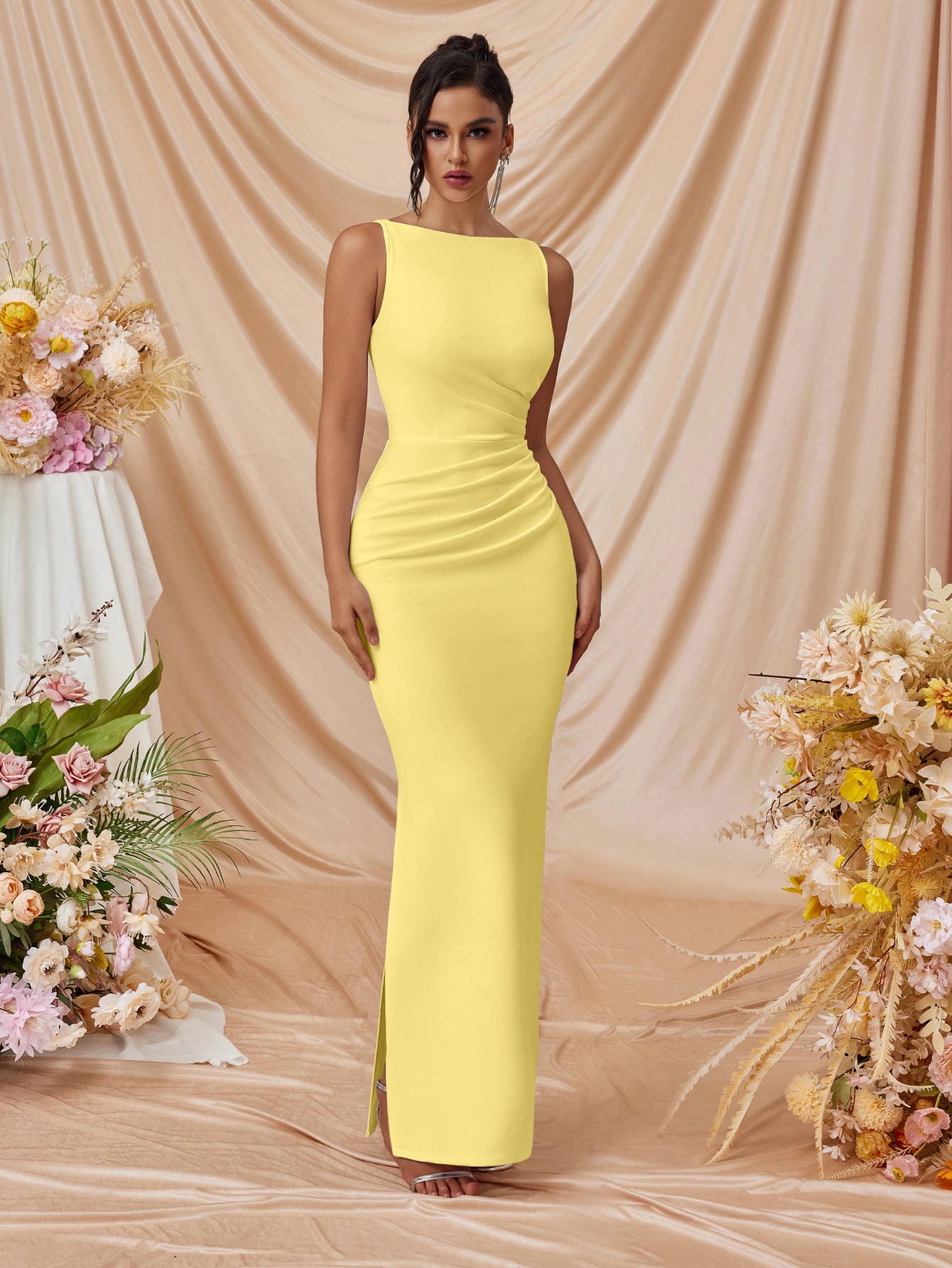 pleated Sleeveless solid color slit slim maxi dress