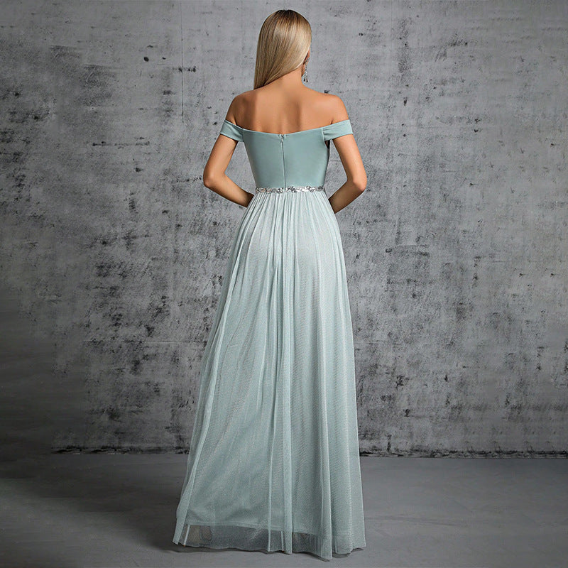 off shoulder rhinestone tulle patchwork satin maxi dress in mint