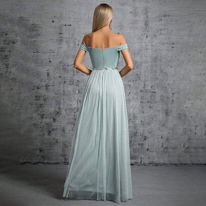 off shoulder rhinestone tulle patchwork satin maxi dress in mint
