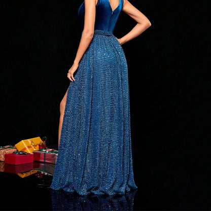 v-neck sequin embellished sleeveless maxi dress in blue